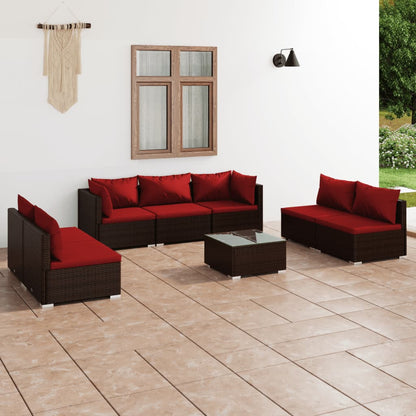 8 pcs conjunto lounge jardim c/ almofadões vime PE castanho