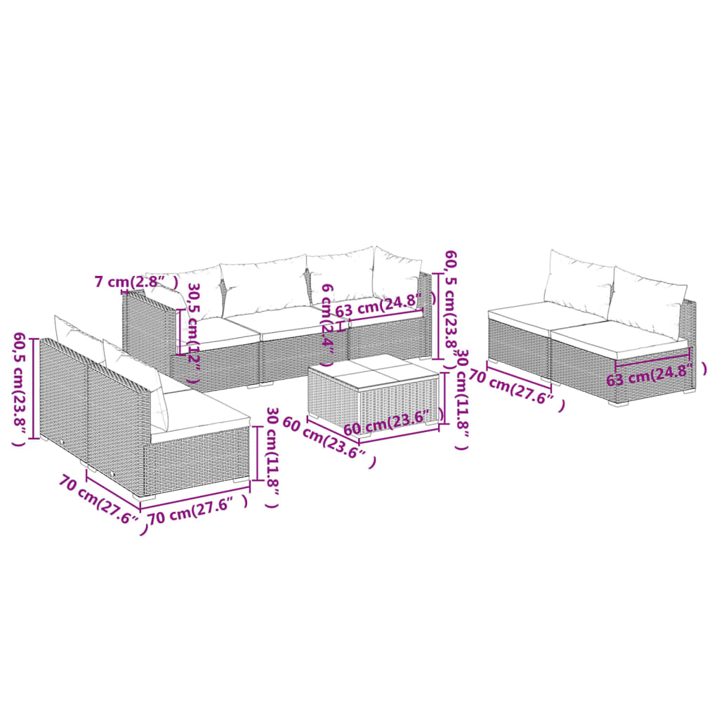 8 pcs conjunto lounge de jardim c/ almofadões vime PE cinzento