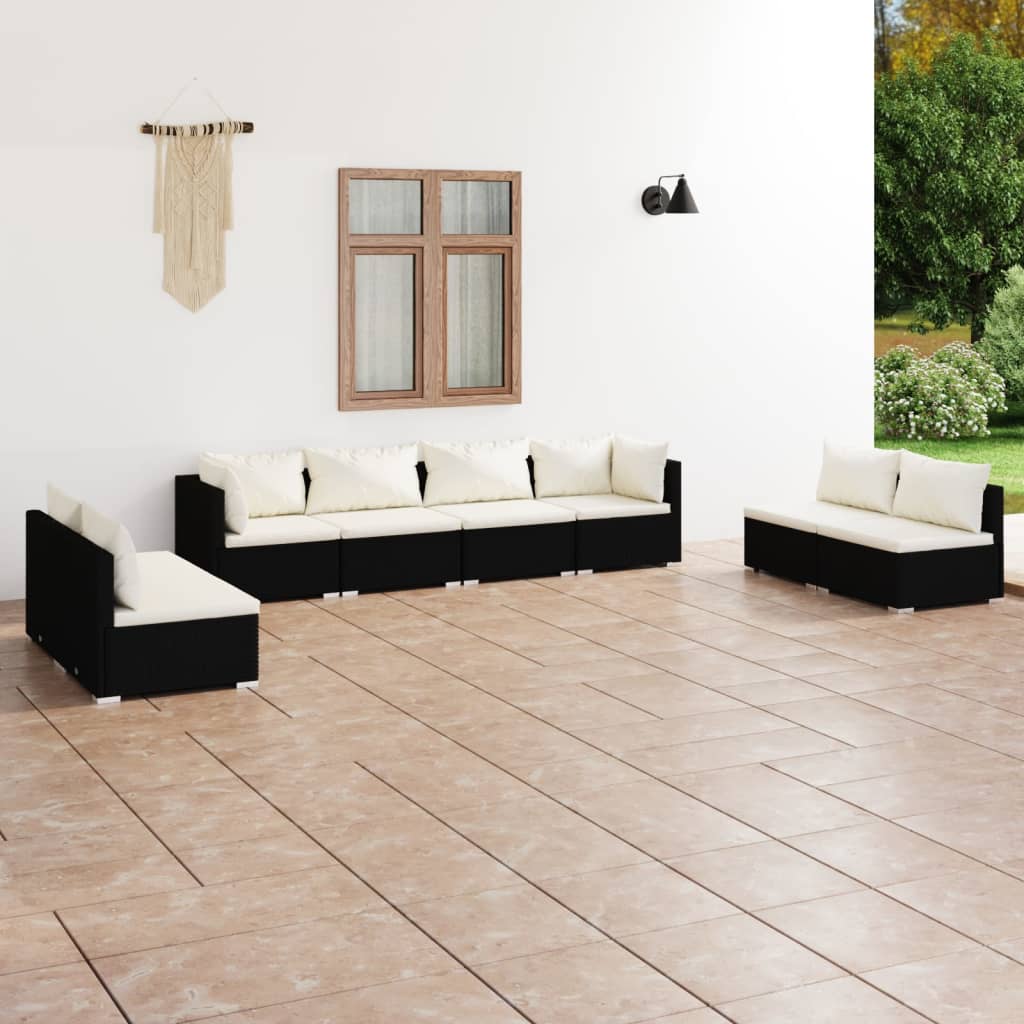 8 pcs conjunto lounge de jardim c/ almofadões vime PE preto