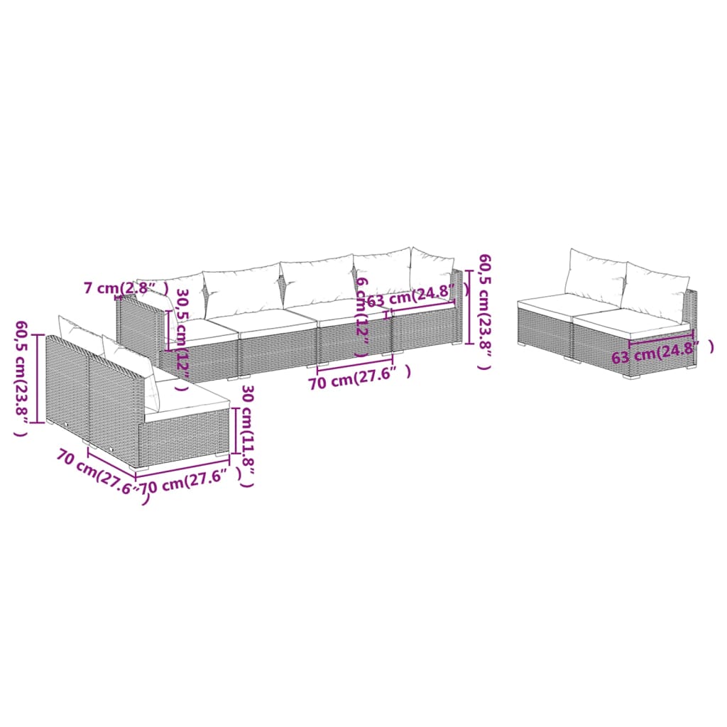 8 pcs conjunto lounge jardim c/ almofadões vime PE castanho