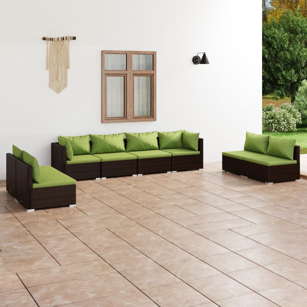 8 pcs conjunto lounge jardim c/ almofadões vime PE castanho