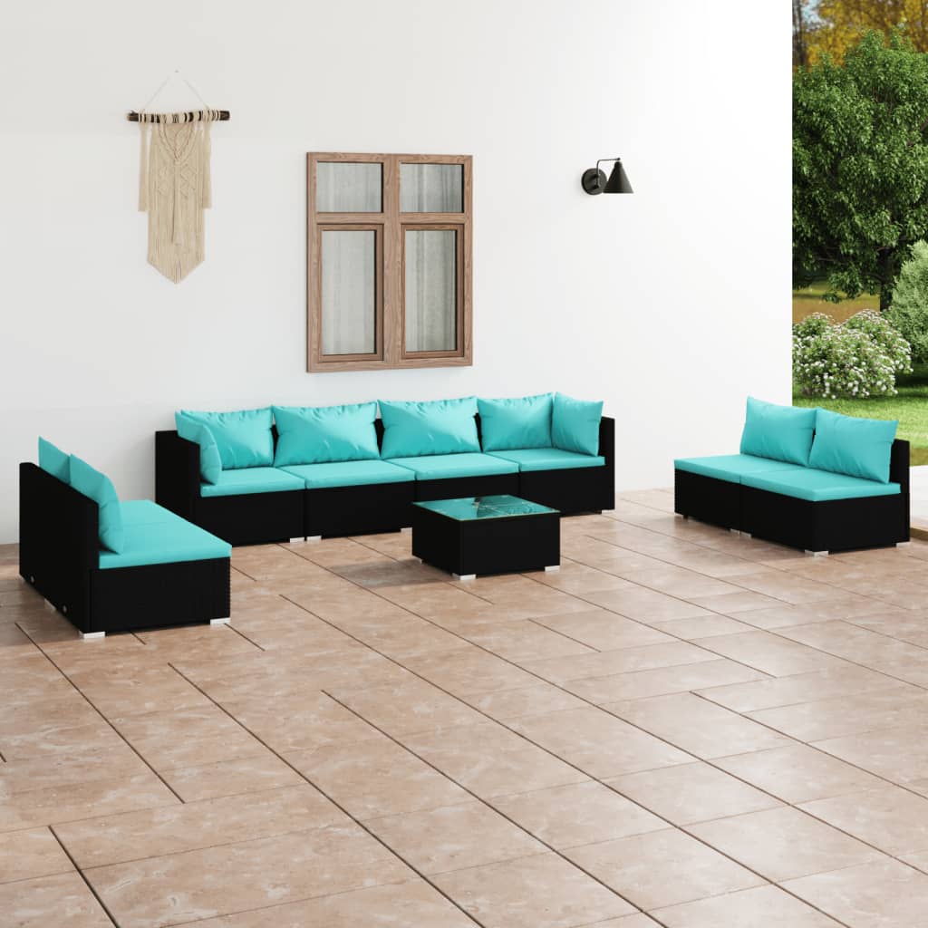 9 pcs conjunto lounge de jardim c/ almofadões vime PE preto