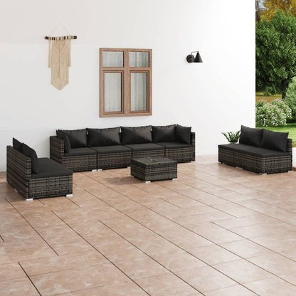 9 pcs conjunto lounge de jardim c/ almofadões vime PE cinzento