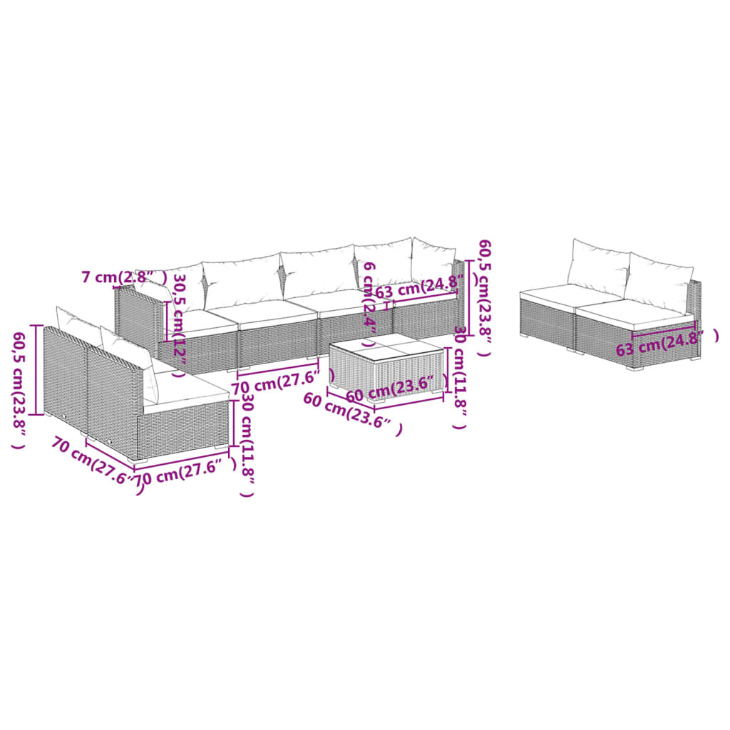 9 pcs conjunto lounge de jardim c/ almofadões vime PE cinzento