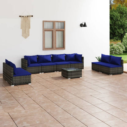 9 pcs conjunto lounge de jardim c/ almofadões vime PE cinzento