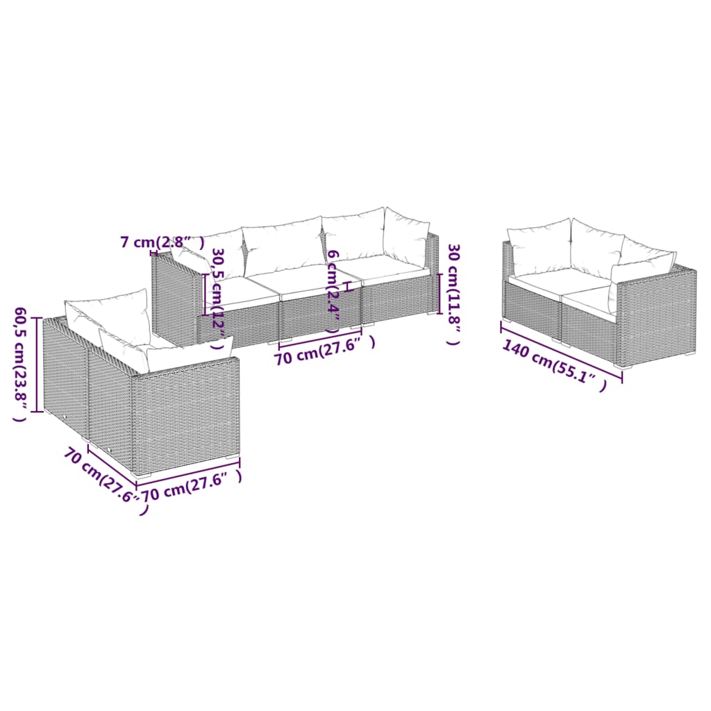 7 pcs conjunto lounge de jardim c/ almofadões vime PE preto