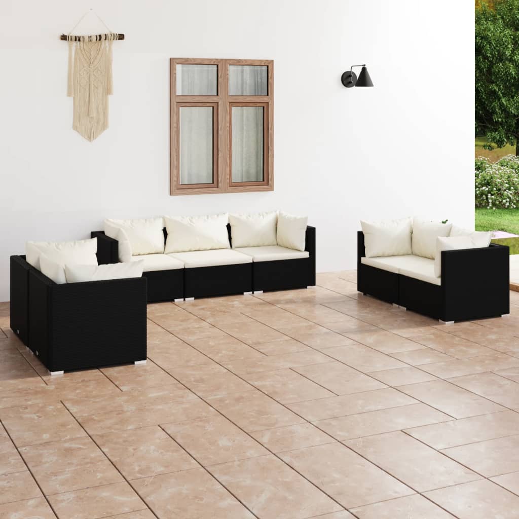 7 pcs conjunto lounge de jardim c/ almofadões vime PE preto