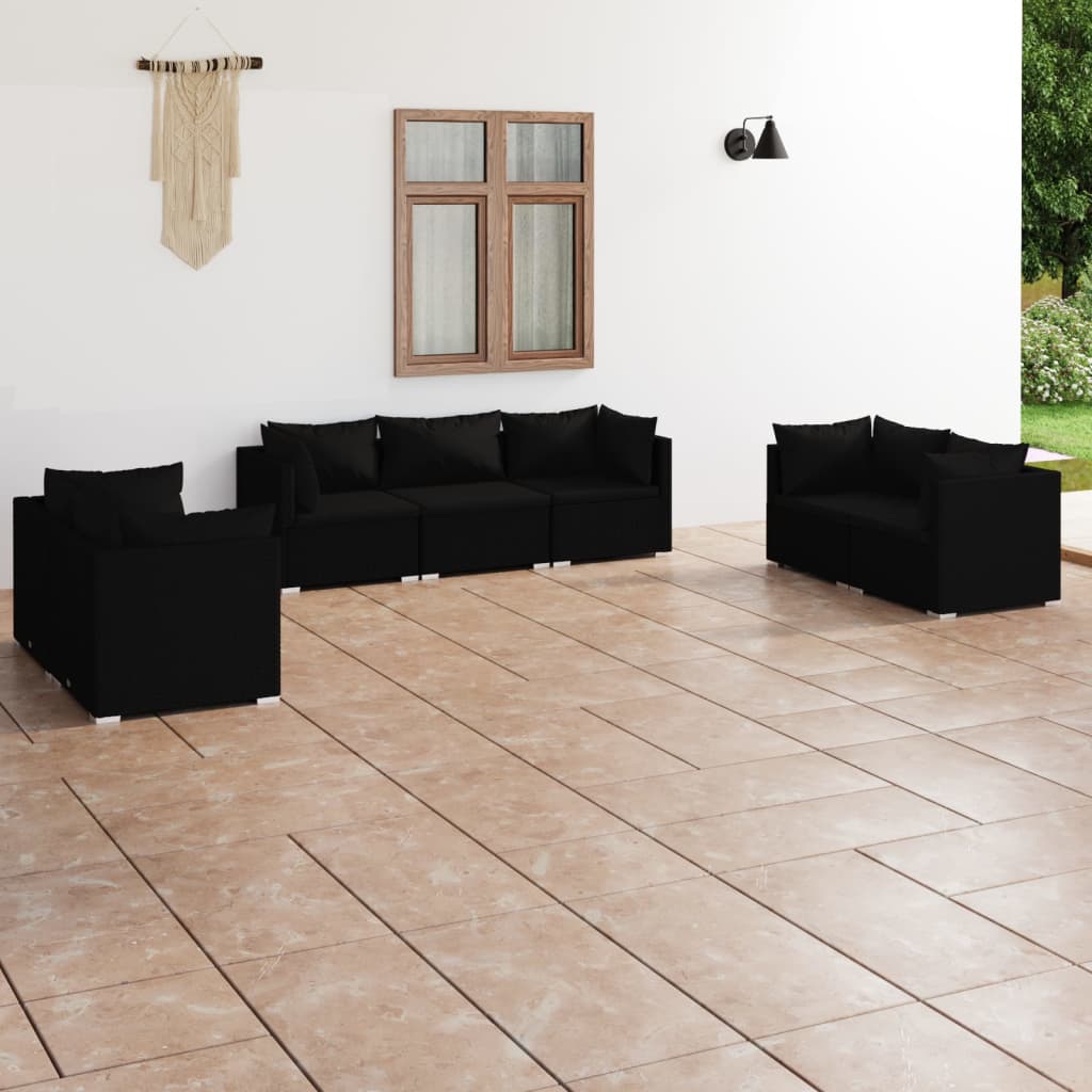 7 pcs conjunto lounge de jardim c/ almofadões vime PE preto