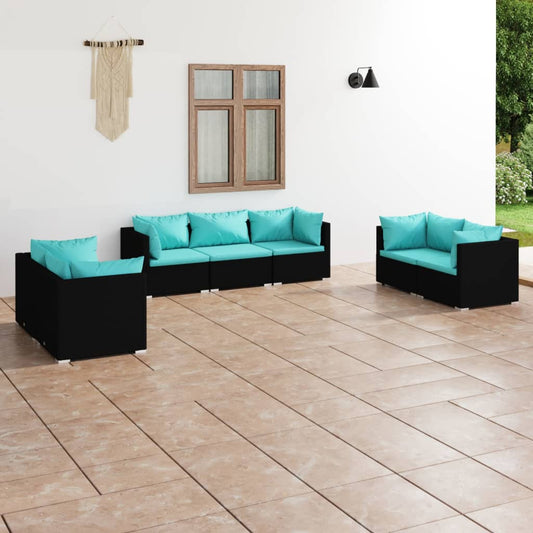 7 pcs conjunto lounge de jardim c/ almofadões vime PE preto