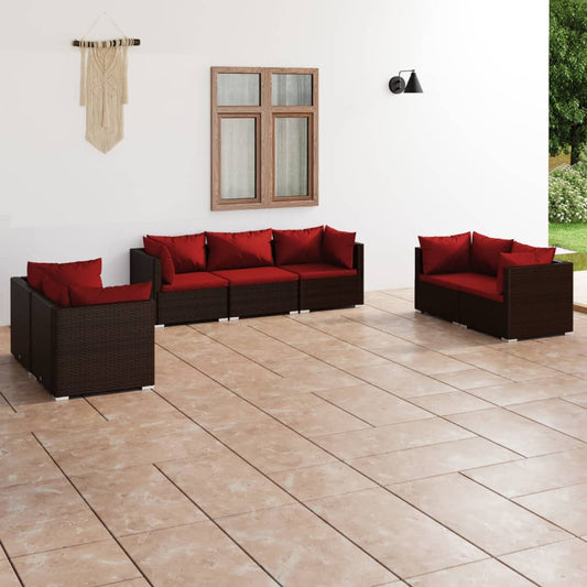 7 pcs conjunto lounge jardim c/ almofadões vime PE castanho