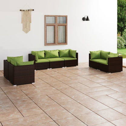 7 pcs conjunto lounge de jardim c/ almofadões vime PE castanho