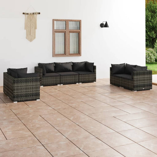 7 pcs conjunto lounge de jardim c/ almofadões vime PE cinzento