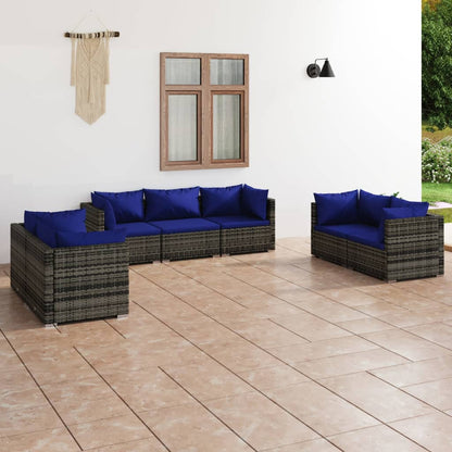 7 pcs conjunto lounge de jardim c/ almofadões vime PE cinzento