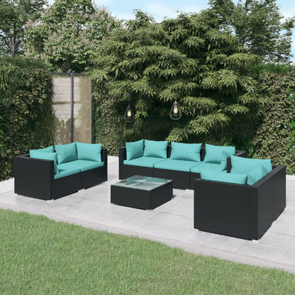 8 pcs conjunto lounge de jardim c/ almofadões vime PE preto