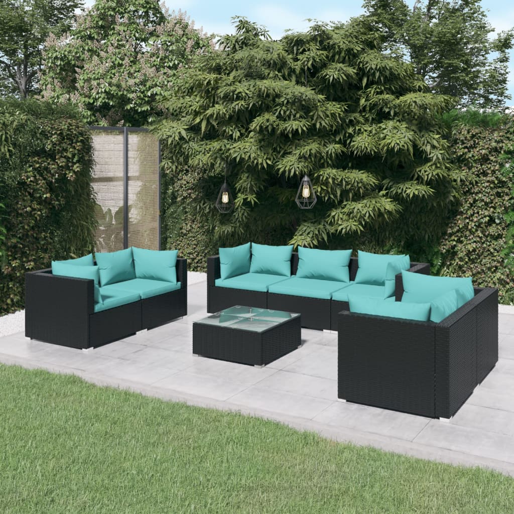 8 pcs conjunto lounge de jardim c/ almofadões vime PE preto