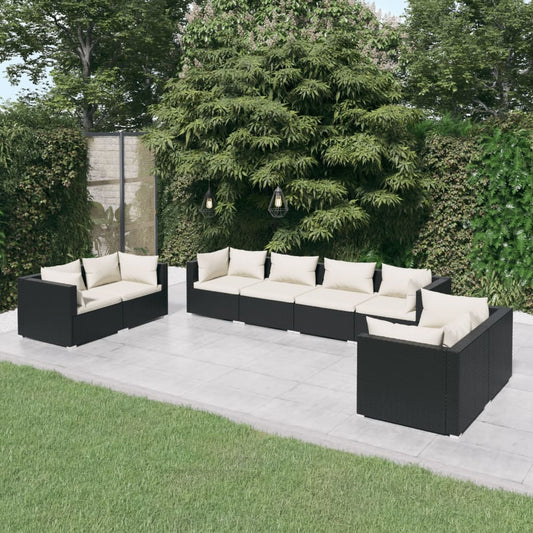 8 pcs conjunto lounge de jardim c/ almofadões vime PE preto