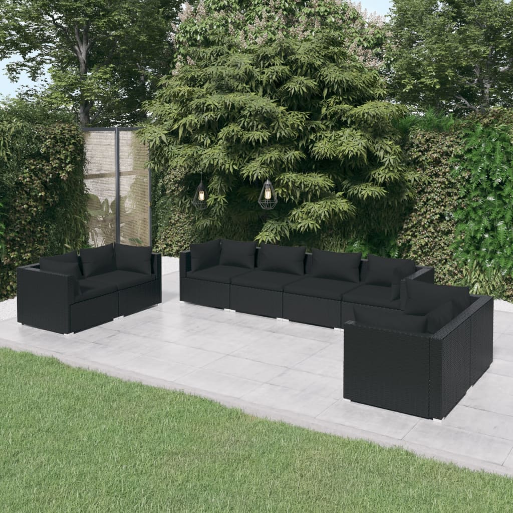 8 pcs conjunto lounge de jardim c/ almofadões vime PE preto