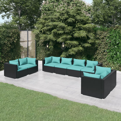 8 pcs conjunto lounge de jardim c/ almofadões vime PE preto