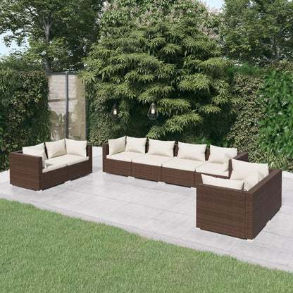 8 pcs conjunto lounge jardim c/ almofadões vime PE castanho