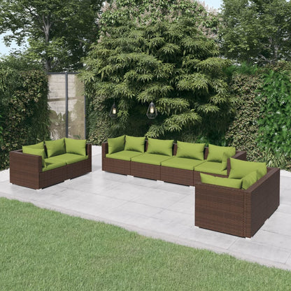 8 pcs conjunto lounge de jardim c/ almofadões vime PE castanho