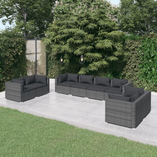 8 pcs conjunto lounge de jardim c/ almofadões vime PE cinzento