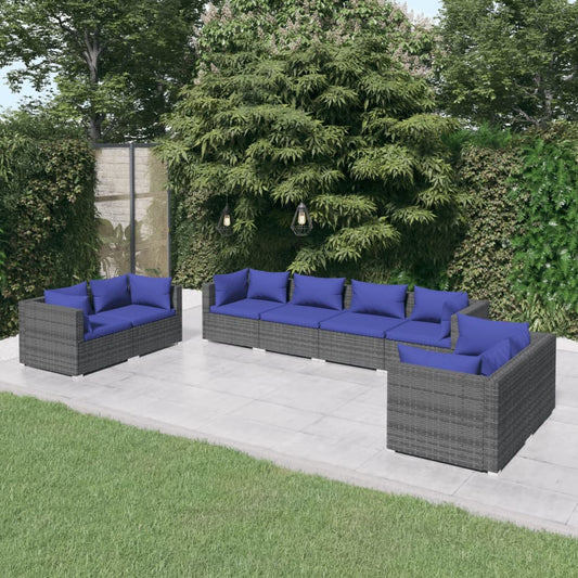 8 pcs conjunto lounge de jardim c/ almofadões vime PE cinzento