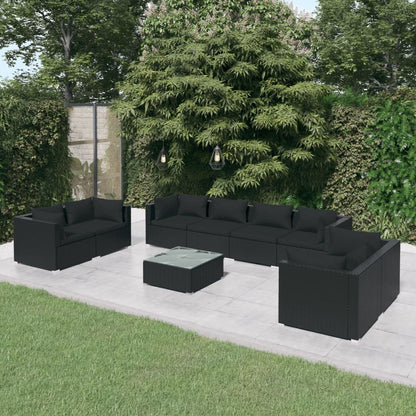 9 pcs conjunto lounge de jardim c/ almofadões vime PE preto