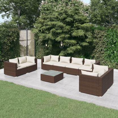 9 pcs conjunto lounge jardim c/ almofadões vime PE castanho