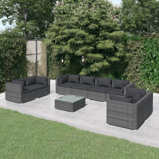 9 pcs conjunto lounge de jardim c/ almofadões vime PE cinzento