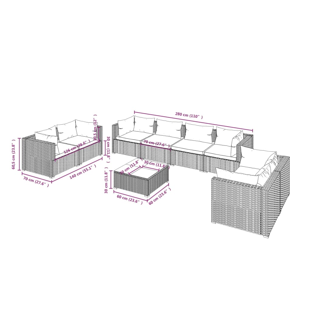 9 pcs conjunto lounge de jardim c/ almofadões vime PE cinzento