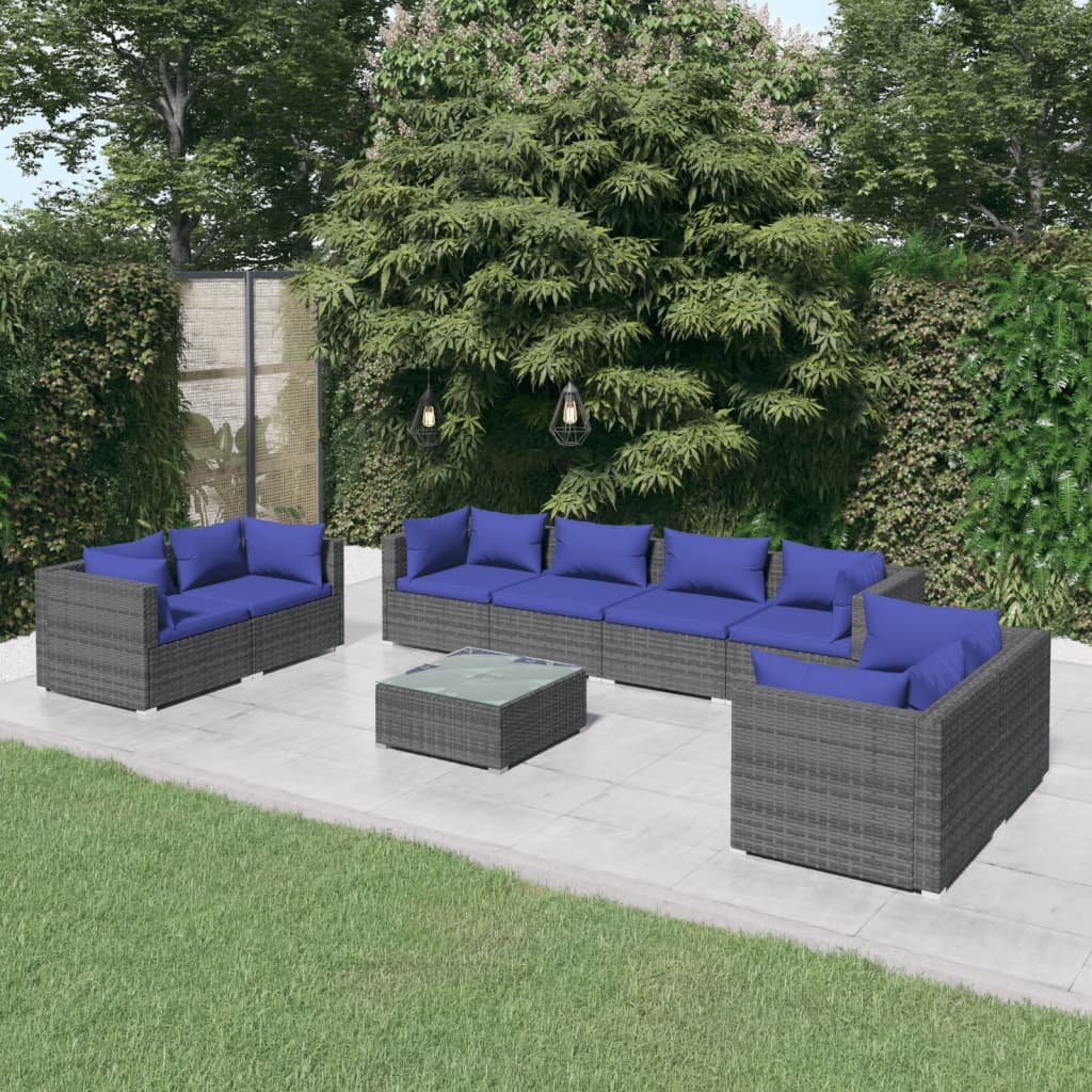 9 pcs conjunto lounge de jardim c/ almofadões vime PE cinzento