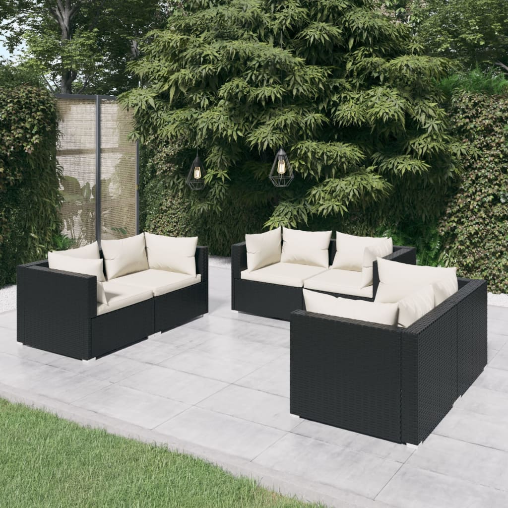 6 pcs conjunto lounge de jardim c/ almofadões vime PE preto