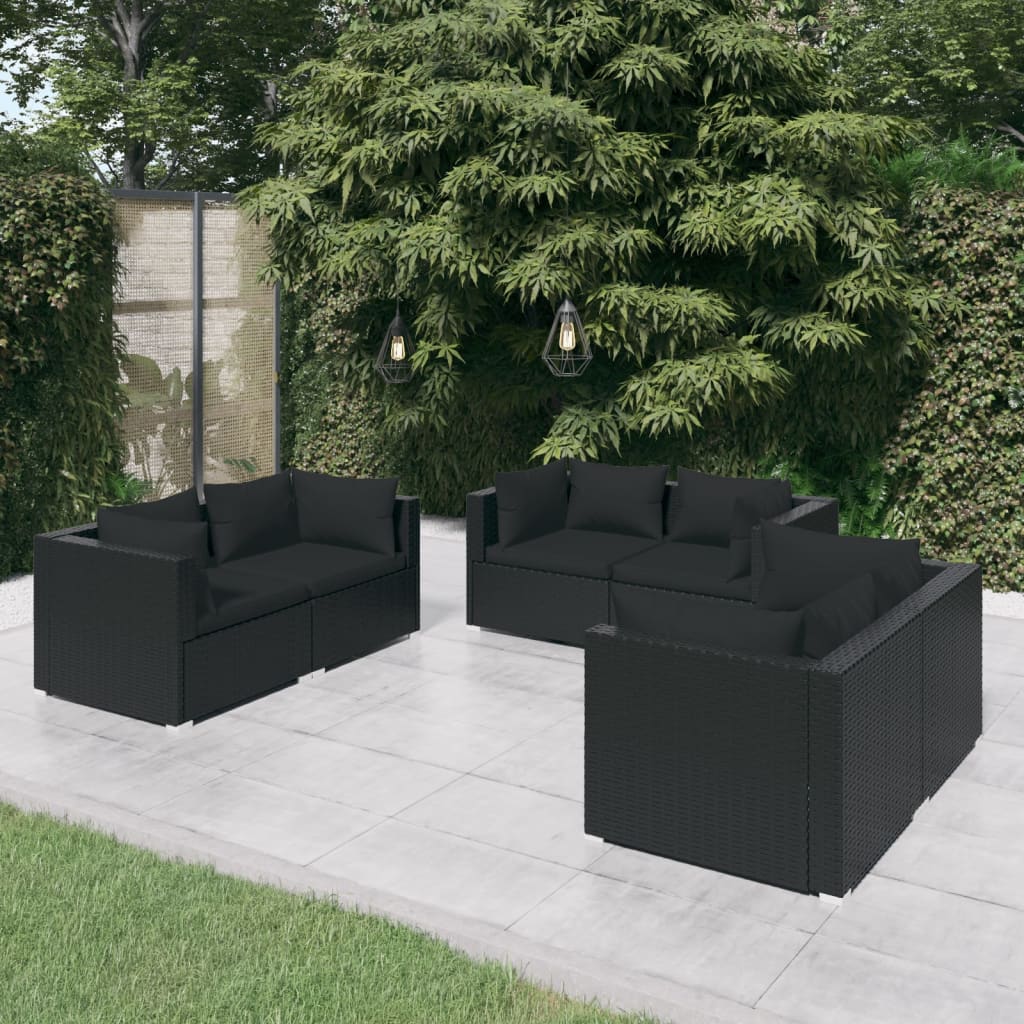 6 pcs conjunto lounge de jardim c/ almofadões vime PE preto