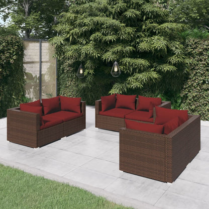 6 pcs conjunto lounge jardim c/ almofadões vime PE castanho