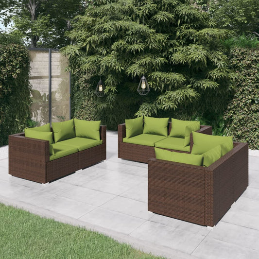 6 pcs conjunto lounge de jardim c/ almofadões vime PE castanho