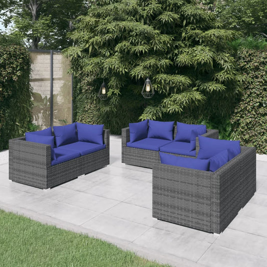 6 pcs conjunto lounge de jardim c/ almofadões vime PE cinzento