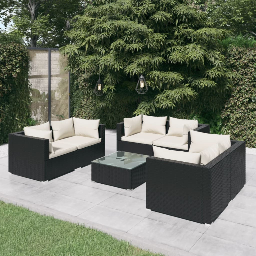 7 pcs conjunto lounge de jardim c/ almofadões vime PE preto