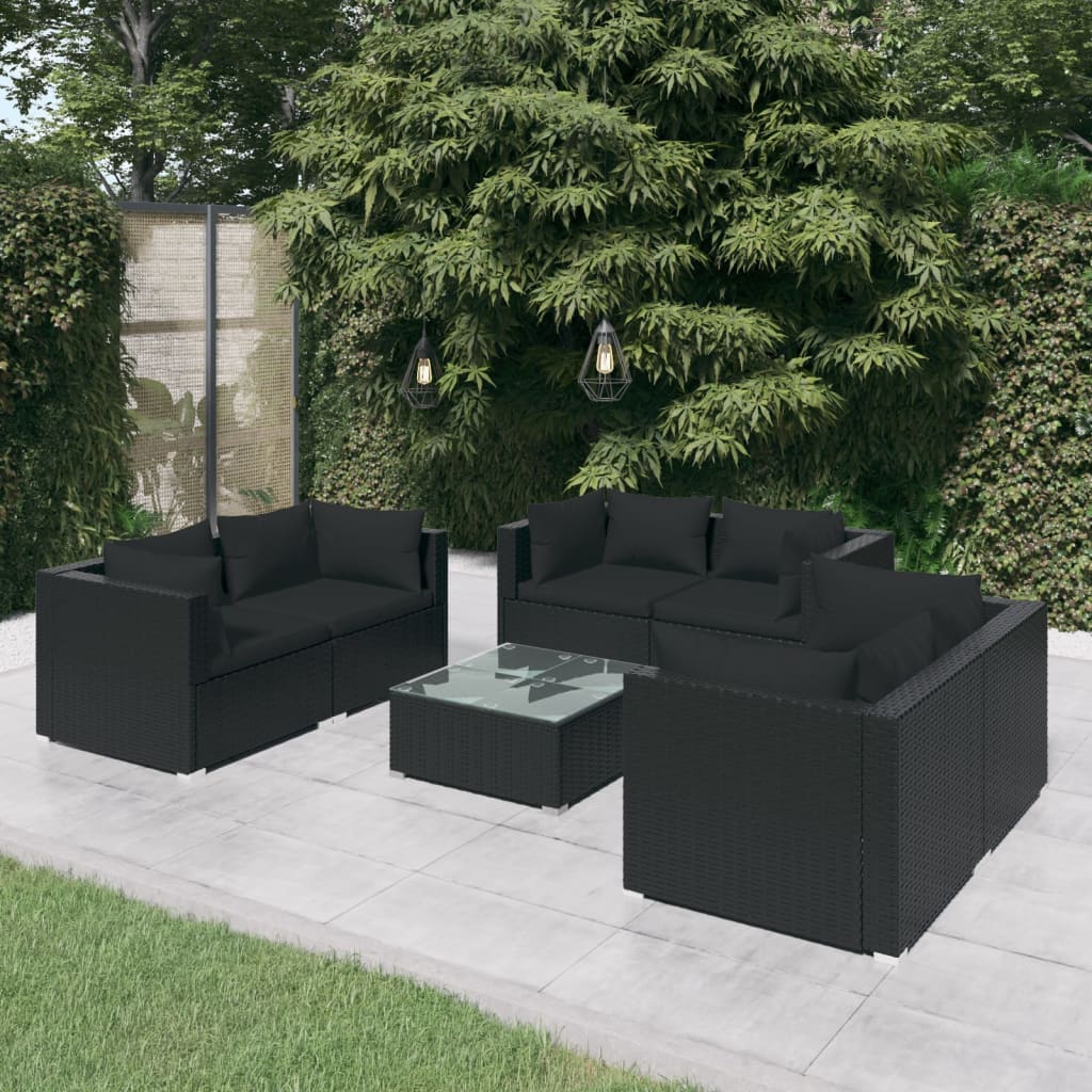 7 pcs conjunto lounge de jardim c/ almofadões vime PE preto