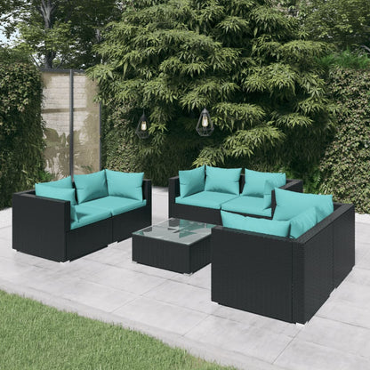 7 pcs conjunto lounge de jardim c/ almofadões vime PE preto