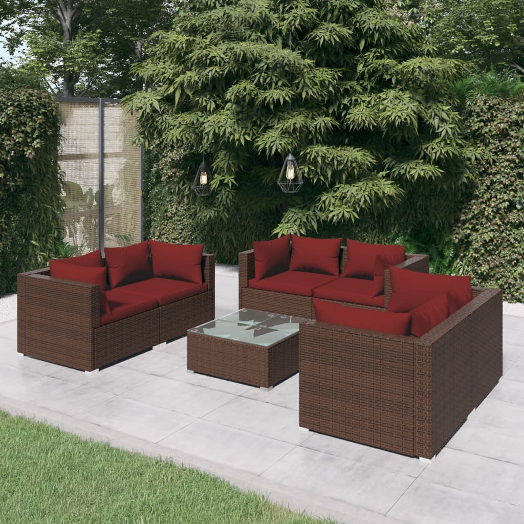 7 pcs conjunto lounge jardim c/ almofadões vime PE castanho