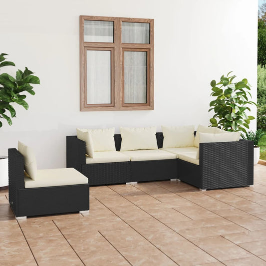 5 pcs conjunto lounge de jardim c/ almofadões vime PE preto