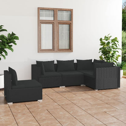 5 pcs conjunto lounge de jardim c/ almofadões vime PE preto