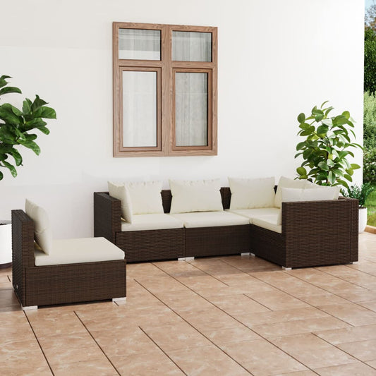 5 pcs conjunto lounge jardim c/ almofadões vime PE castanho