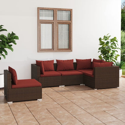 5 pcs conjunto lounge jardim c/ almofadões vime PE castanho