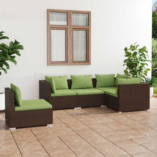 5 pcs conjunto lounge jardim c/ almofadões vime PE castanho