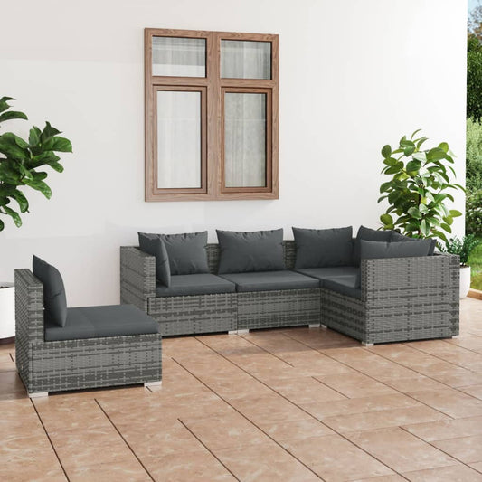 5 pcs conjunto lounge de jardim c/ almofadões vime PE cinzento