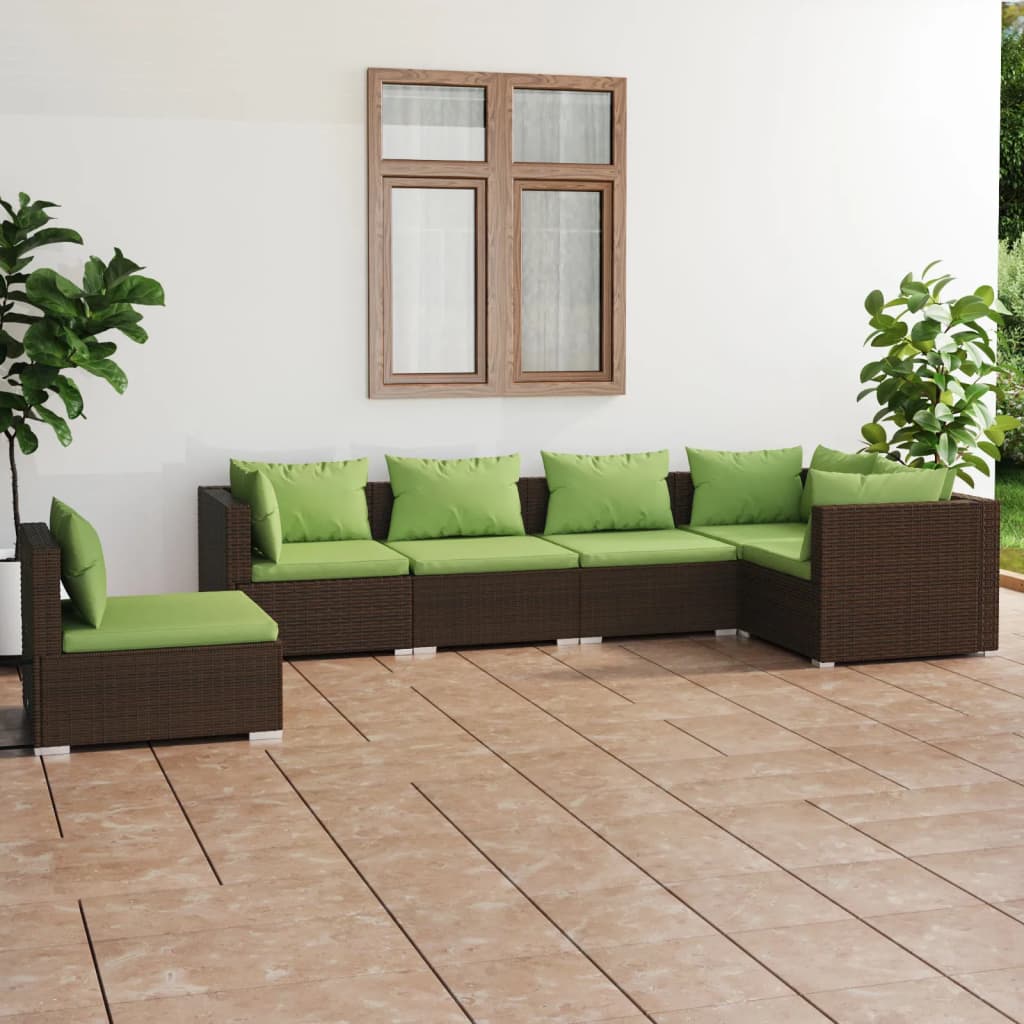 6 pcs conjunto lounge de jardim c/ almofadões vime PE castanho