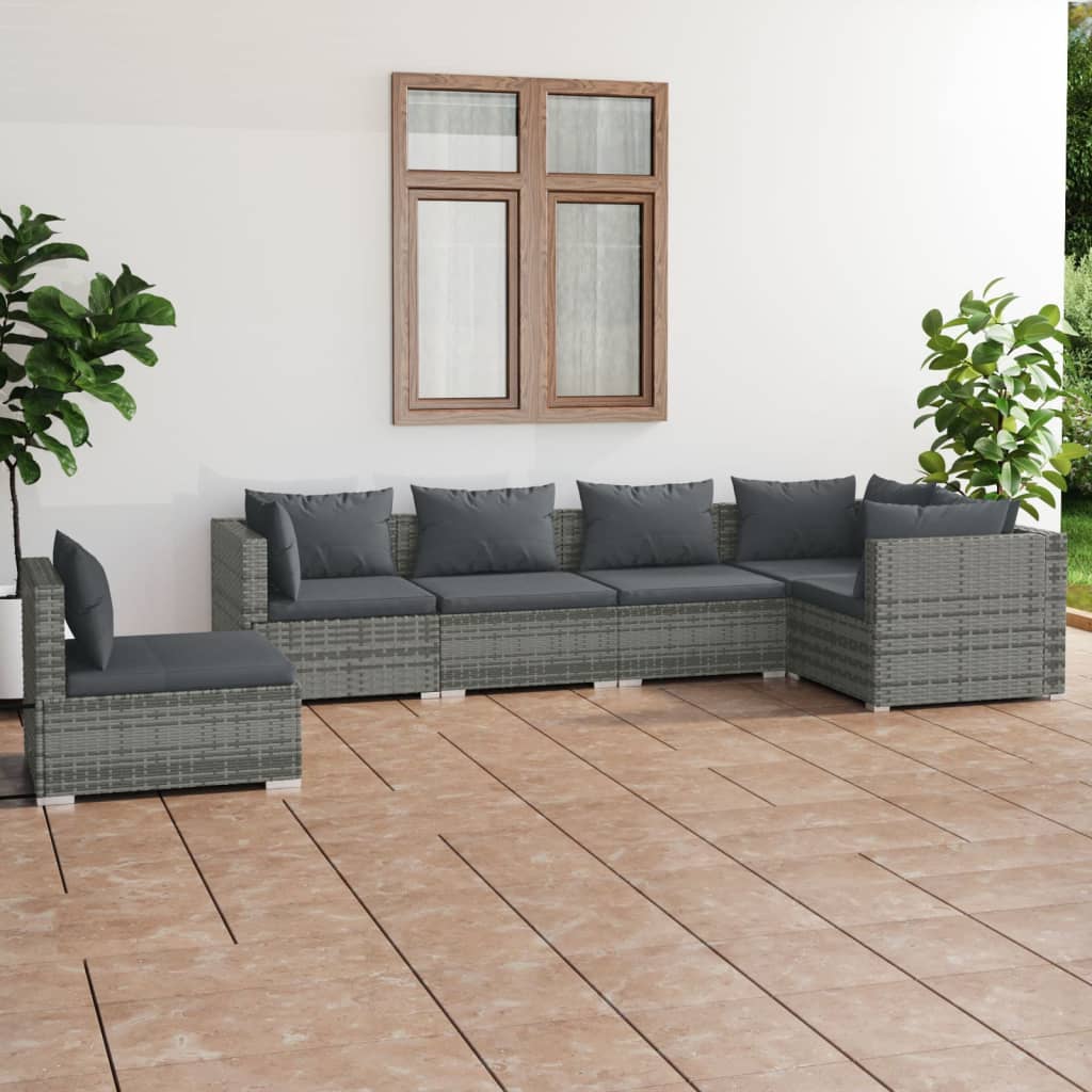 6 pcs conjunto lounge de jardim c/ almofadões vime PE cinzento