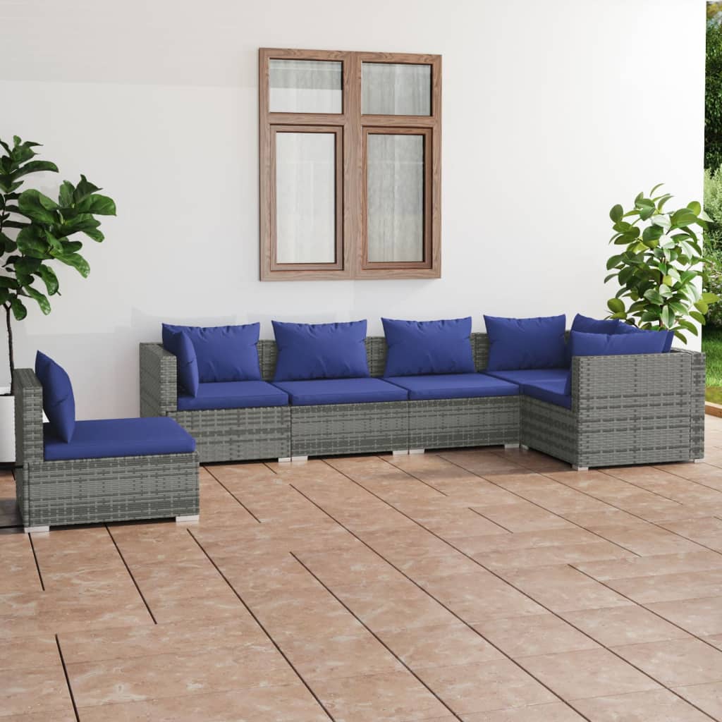 6 pcs conjunto lounge de jardim c/ almofadões vime PE cinzento