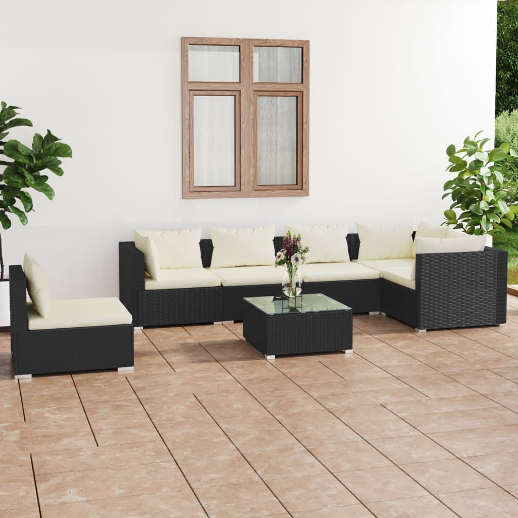 7 pcs conjunto lounge de jardim c/ almofadões vime PE preto